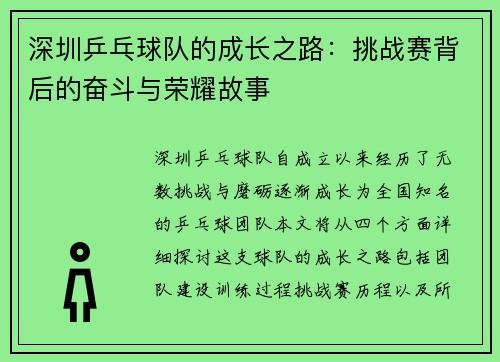 深圳乒乓球队的成长之路：挑战赛背后的奋斗与荣耀故事